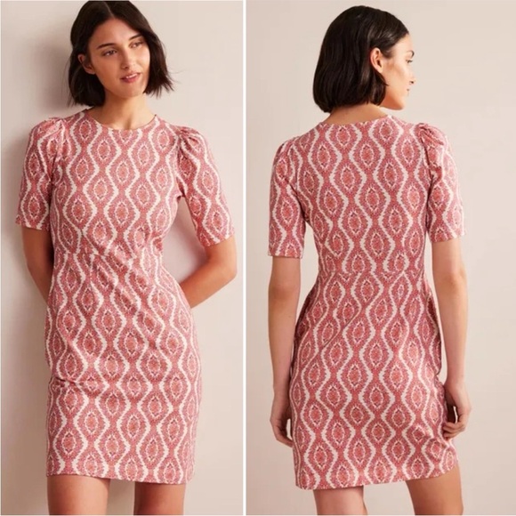 Boden Pink and White Puff Sleeve Sheath Dress - Picture 1 of 9